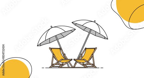 A minimalist illustration of two yellow beach chairs and umbrellas with abstract shapes perfect for a summer vacation concept.