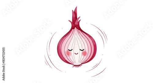 An adorable watercolor illustration of a sliced red onion with a cute smiling face and closed eyes in a whimsical style.