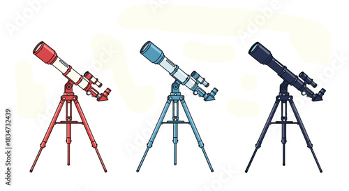 Set of three colorful refractor telescopes in red blue and dark blue on tripod mounts for amateur astronomy and stargazing.