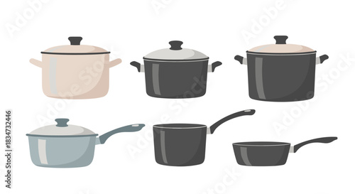 Collection of six different cooking pots pans and saucepans with lids in various modern colors for kitchen and cookware concepts.