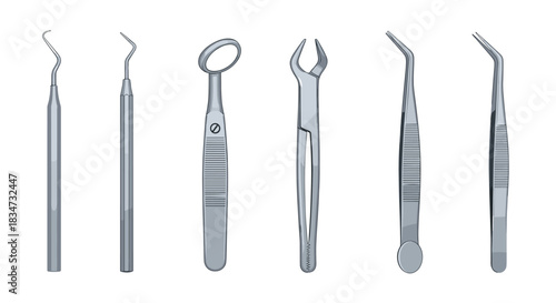 A realistic set of six professional stainless steel dental instruments including a mirror probe and forceps on white background.