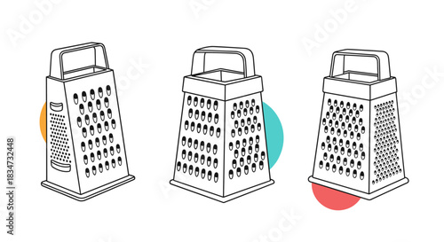 Set of three stainless steel box graters for shredding cheese and vegetables shown in a minimalist black line art illustration.