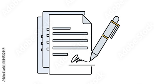Pen signing a signature on a stack of legal documents or contracts representing an agreement deal or official paperwork.