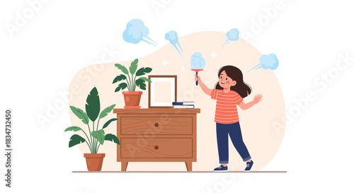 Happy young girl doing household chores by dusting a wooden dresser with a feather duster in a clean and tidy living room.