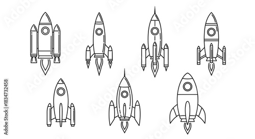 Collection of seven different rocket ships and space shuttles illustrated in a clean black and white outline style for projects.