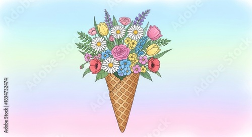 A colorful bouquet of flowers in an ice cream cone on a pastel background.