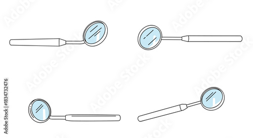 A set of four black and white line art illustrations of a dental mirror from various angles for medical and healthcare concepts.