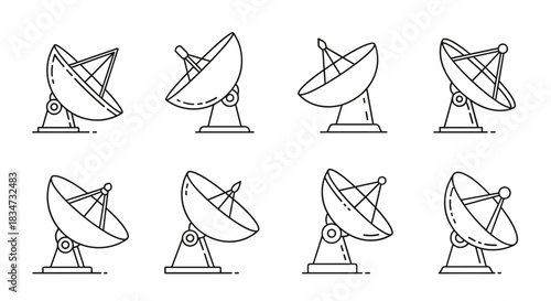 A collection of eight minimalist line art icons representing satellite dishes and radio antennas for technology communication concepts.