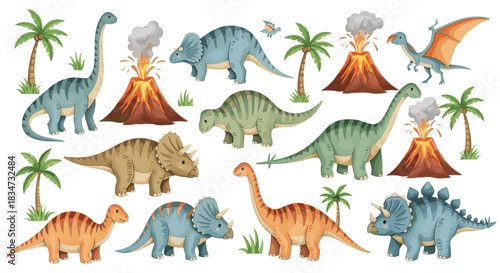 Cute watercolor collection of various dinosaurs including brachiosaurus triceratops and stegosaurus with volcanoes and palm trees.