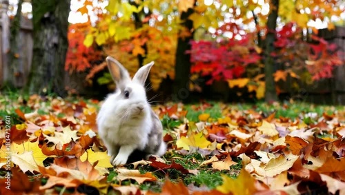 Wallpaper Mural Adorable bunny rabbit explores a vibrant autumn forest floor covered in colorful fallen leaves. Torontodigital.ca