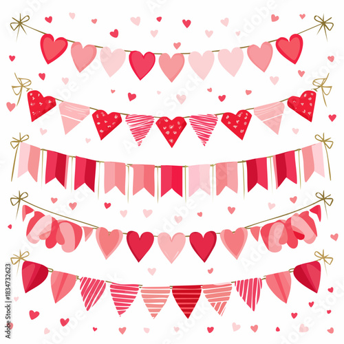 vector icon set of romantic decorations bunting lights heart shapes valentine theme