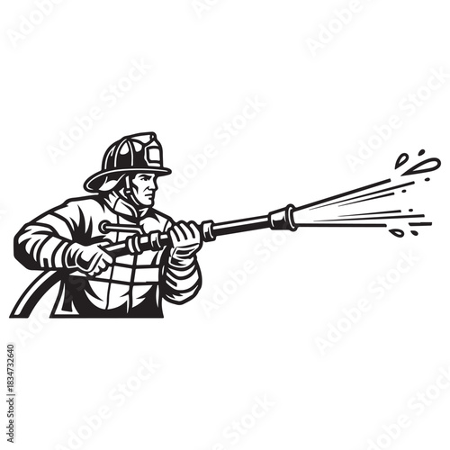 Retro Style Graphic Illustration of Firefighter Spraying Water with Hose