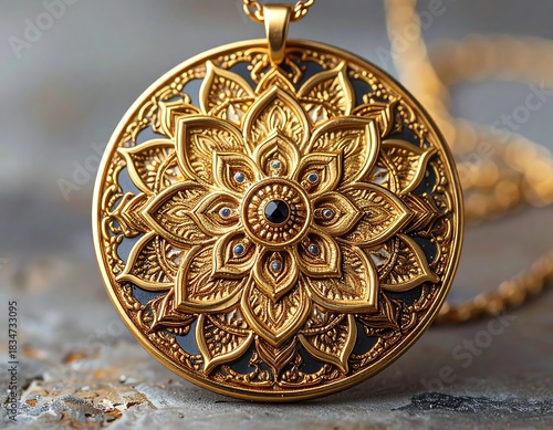 Close-up of ornate golden pendant with floral design, jewels