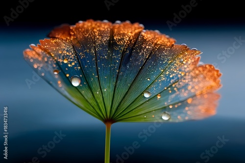 Close up of a green leaf structure with golden dust particles and water droplets