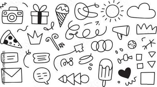 Camera, gift, ice cream, sun, and cloud appear in a variety of hand drawn icons
