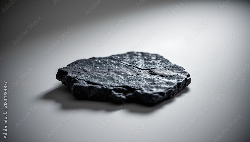 Naklejka premium A coal sample, which is prominently displayed in the foreground against a white background. The coal has visible layers and structures, suggesting it's a close up of a piece of coal