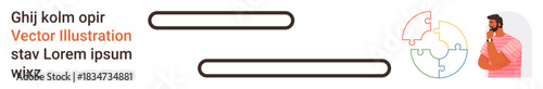 Problem solving, strategy development, mental processes, decision making, cognitive thinking, personal growth. A man in thought beside puzzle pieces. Problem solving and strategy development concept