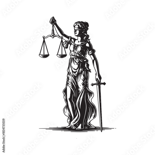 Blindfolded woman holding scales and sword, representing justice