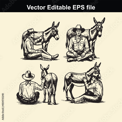 vector editable eps file featuring four distinct black and white line art illustrations of cowboys resting beside their trusty donkey companions in various poses