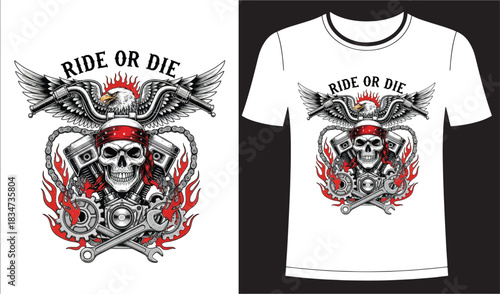 Detailed Monochrome Biker T-Shirt Design featuring Skull with Bandana, Motorcycle Engine Pistons and Eagle Wings, Vintage Engraving Style Vector Illustration with "Ride or Die" Typography