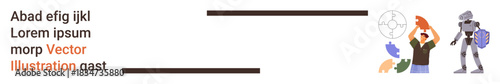 Digital transformation, artificial intelligence, technology adoption, human-machine collaboration, innovation, progress. A person and a robot interacting with icons and elements. Digital