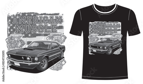 Vintage American Muscle Car T-Shirt Design with Grunge USA Flag and V8 Engine Parts, Monochrome Retro Automobile Vector Illustration