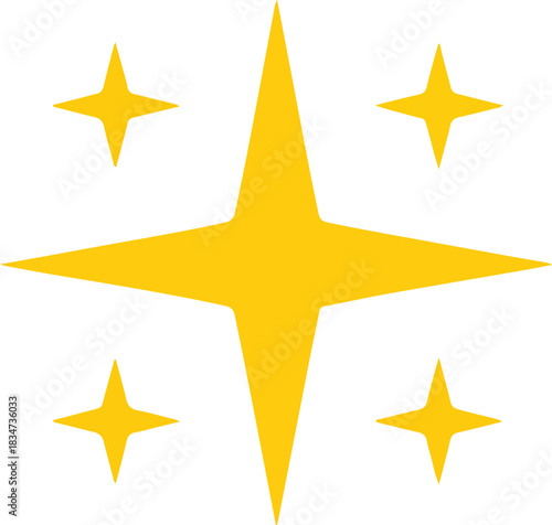 A large central fourpointed yellow star with four smaller fourpointed yellow stars around it