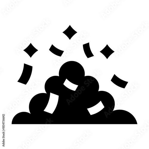 A glyph confetti pile icon with scattered pieces around a mound, symbolizing festive leftovers and celebration elements.