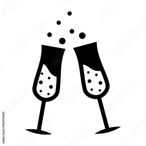 A glyph icon of two clinking champagne glasses with bubbles, symbolizing toast, party celebration, and festive gatherings.