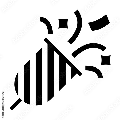 A solid glyph diagonal popper icon blasting confetti strips, representing events, celebrations, and party bursts.