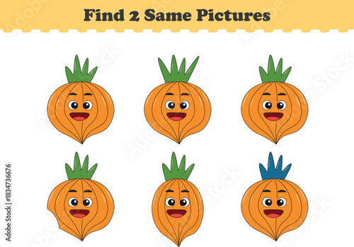 Funny cartoon fruits. Find two same pictures. Educational game for children. Cartoon vector illustration
