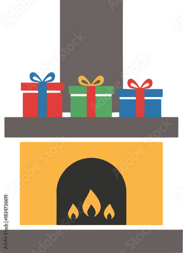 A stylized fireplace with a mantelpiece holding three wrapped gifts above burning logs