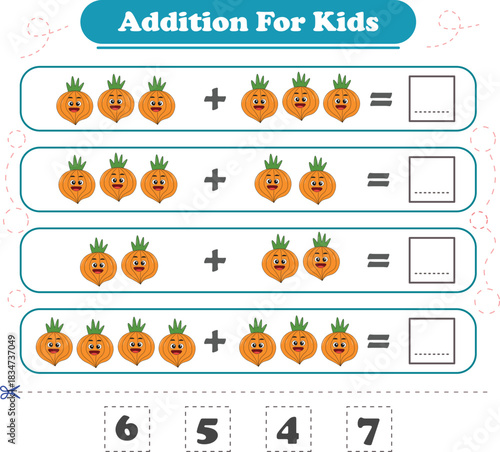 Game for children fun addition by counting fruits pictures printable worksheet vector