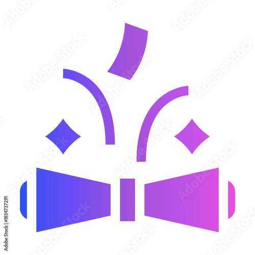 A gradient icon of confetti explosion from bow-tie shaped element, representing ceremonial celebration, festive moments, and party decoration.