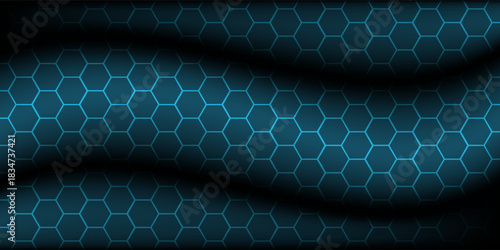 Abstract hexagon blue background banner futuristic business data technology modern concept, polygon shape lines connecting link structure dark blue contrast copyspace.