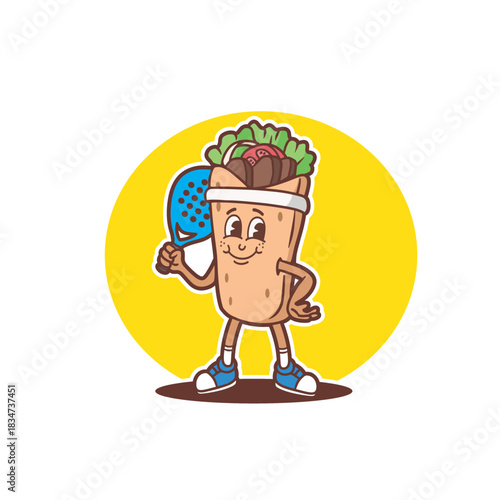 mascot logo shawarma with padel outfit good for sticker, badge, element design, restaurant logo, etc
