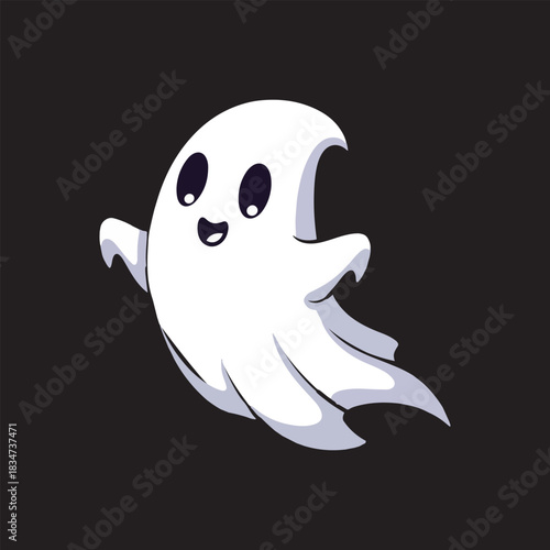 A friendly, cartoon ghost floats against a dark background, smiling happily with open arms.