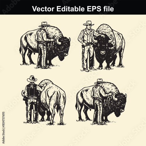vector illustration set featuring cowboys standing beside large american bison in various poses, suitable for western or wildlife themes