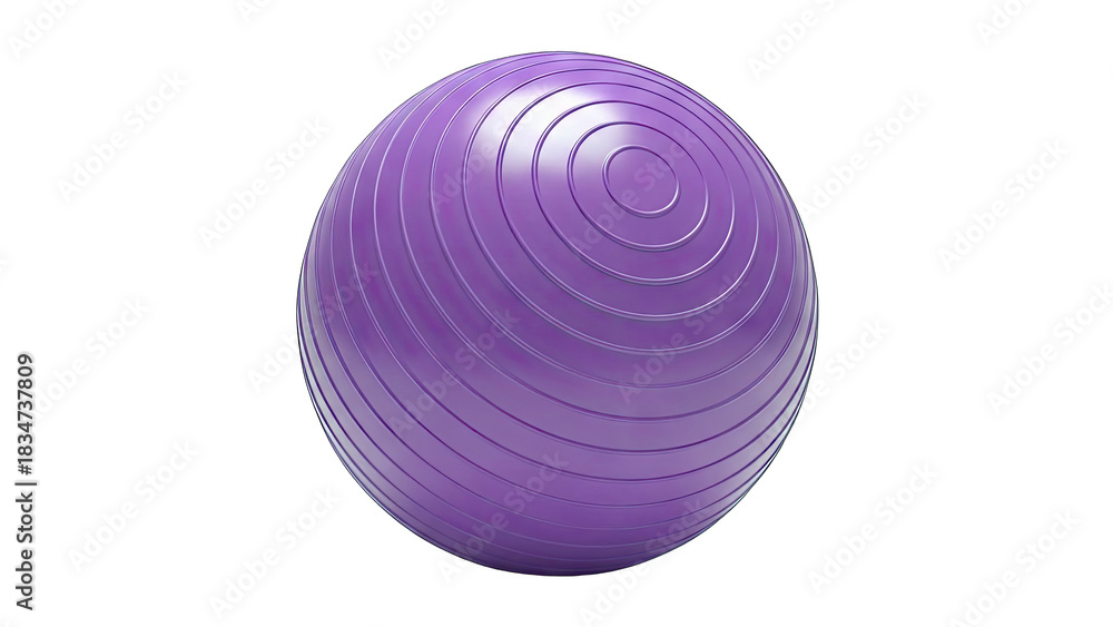 Obraz premium Vibrant Purple Exercise Ball with Reflective Grooves Isolated on a Clean White Background Showcasing a Smooth Spherical Shape and Dynamic Lighting