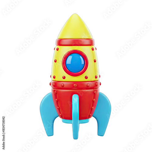 Vibrant Retro Rocket Ship with Yellow Nose Cone Red Body and Blue Fins Isolated on a Transparent White Background Minimalist Space Exploration Concept for Childhood Dreams and Outer Space Adventure