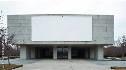 A stark modern concrete building with a large blank white banner hanging on its symmetrical facade.