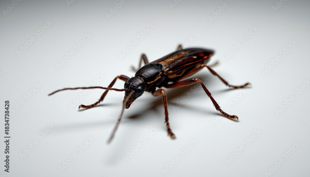Naklejka premium A close up view of an insect with a predominantly brown body and multiple legs, positioned against a white background.