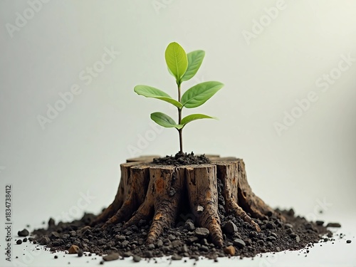 A small green plant emerges from the center of a cut tree stump, surrounded by dark soil, representing nature's resilience.