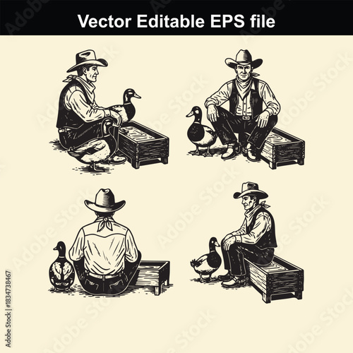 vector editable eps file featuring four illustrations of cowboys sitting next to ducks, presented in a vintage, engraved style with black and white line art