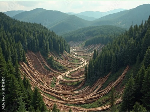 Deforestation's impact: A vast valley reveals logged trees amidst lush, untouched forest.