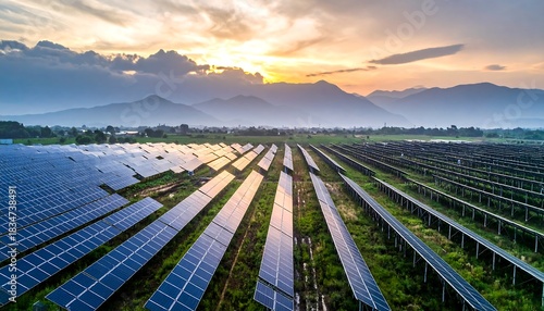 Large array of photovoltaic panels at sunset, set in green fields
