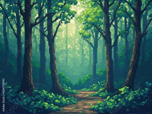 A pixelated forest scene featuring tall trees and a pathway leading into the misty distance.
