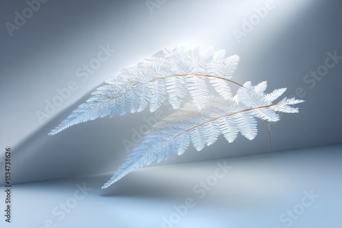 Two delicate white fern fronds with thin brown stems illuminated by soft light casting shadows