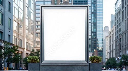A blank billboard stands prominently in a city street, surrounded by tall buildings and greenery.