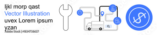 Logistics management, delivery tracking, route optimization, business tools, financial processing, technology services. Wrench, map route dollar icon in minimal design. Logistics management